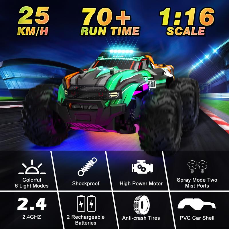 BLUEJAY Remote Control Car, 1:16 All Terrain High Speed RC Cars Truck, Rechargeable Monster RCT with Colorful LED Lights & Spray, RC Cars Toys Gifts.