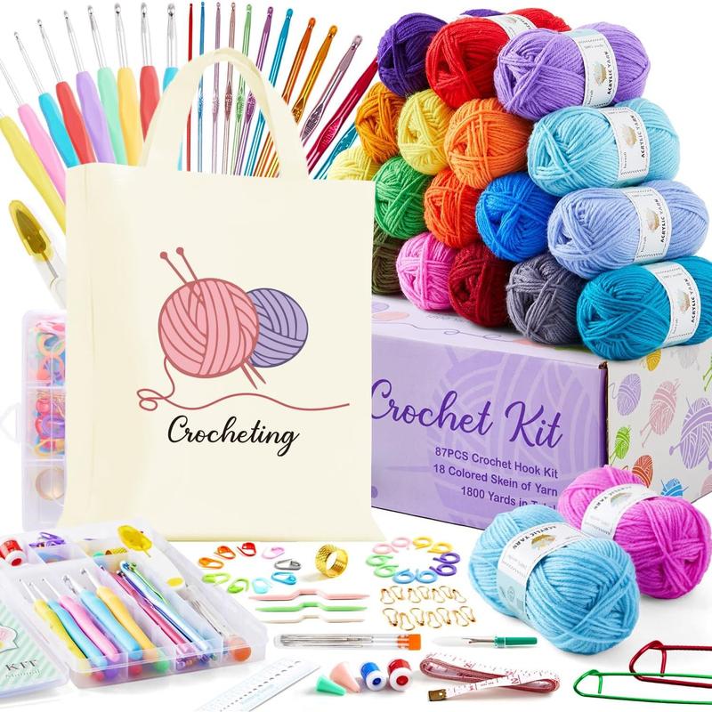 Crochet Kit for Beginners Adults, 18 Large Acrylic Yarn Skeins 1800 Yards Yarn, 105 count Crochet Kit with Hooks Yarn Set,Includes Canvas Tote Bag, Ideal Starter Pack for Kids Professionals