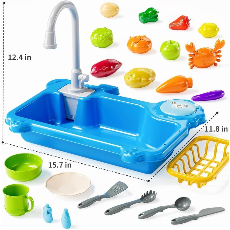 Play Sink with Running Water, Kitchen Sink Toys with Electric Faucet, Play Kitchen Accessories, Kids Role Play Dishwasher Toy for Ages 3 4 5 6 Year Old Toddlers Kids Boys Girls (Blue)