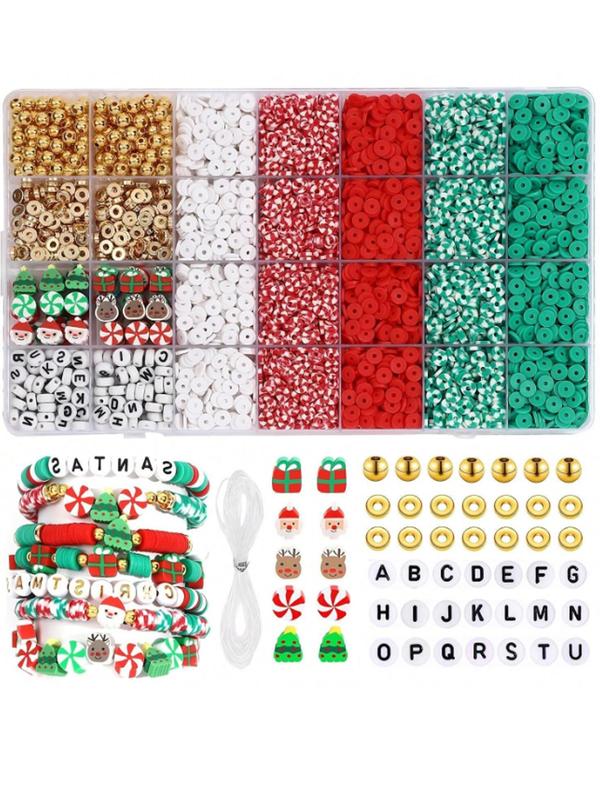 Christmas Themed Beaded Kit, DIY Jewelry Making Beading Kit, Including Elastic String, Polymer Flat Round & Letter Spacer Beads, Perfect for Creative Hobbyists and Beginners