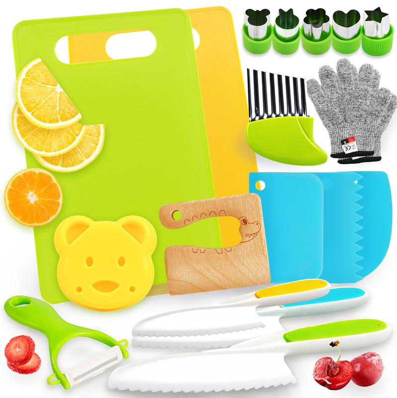 Child's Knife Set for Real Cooking - 19 Pieces Child's Cooking Set Real Montessori Kitchen Tools - Child's Safe Knife with Wooden Knife Safe Serrated Edges Plastic Knife,Cutting Board,Crinkler Block Knife Block Birthday Chopping Shaped