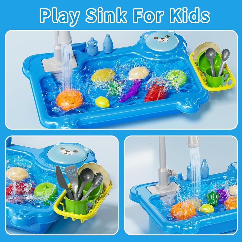 Play Sink with Running Water, Kitchen Sink Toys with Electric Faucet, Play Kitchen Accessories, Kids Role Play Dishwasher Toy for Ages 3 4 5 6 Year Old Toddlers Kids Boys Girls (Blue)