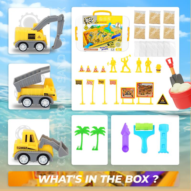 Construction Sand Play Set - Sensory Bin with 3.3lbs Magic Sand, 3 Construction Vehicles, 4 Worker Figures and 12 Road Signs, Sand Box Toys age 4+