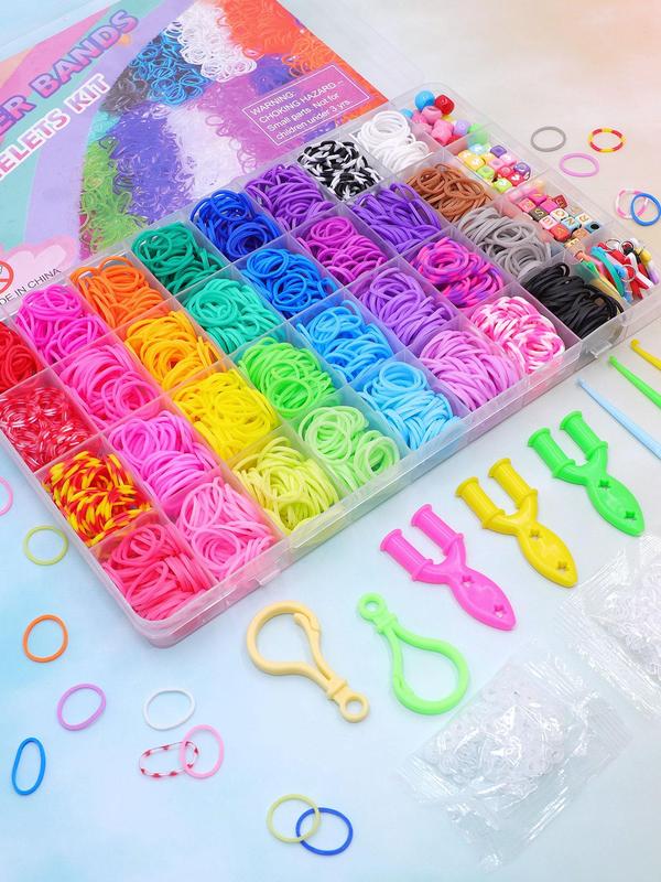 Random Style Rainbow Color Loom Bands Kit, Cute Cartoon Animal & Fruit & Snowflake Charm, Rubber Bands for Bracelet Making Kit, Creativity Birthday Gift Ideal