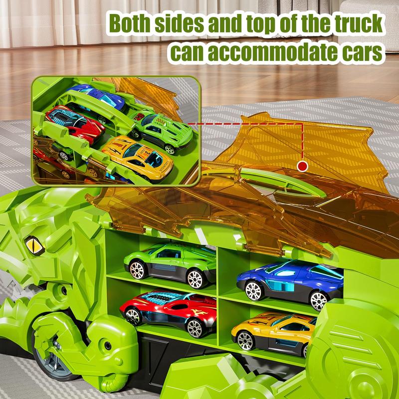 Christmas GiftTransformed Dinosaur Truck Toy with 10 Diecast Racing Cars, Dino Transport Car with Wings and Handle , Birthday Gift for