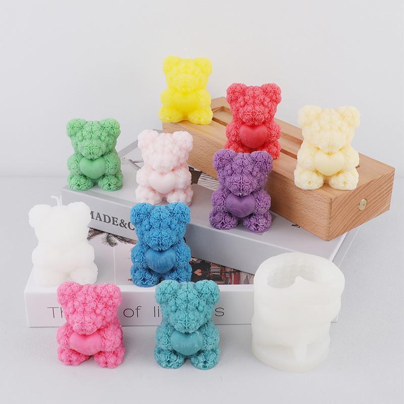 Cute Rose Bear Shaped Candle Mold, Silicone 3d Candle Mould, DIY Handmade Candle Making Mold for Festival & Party