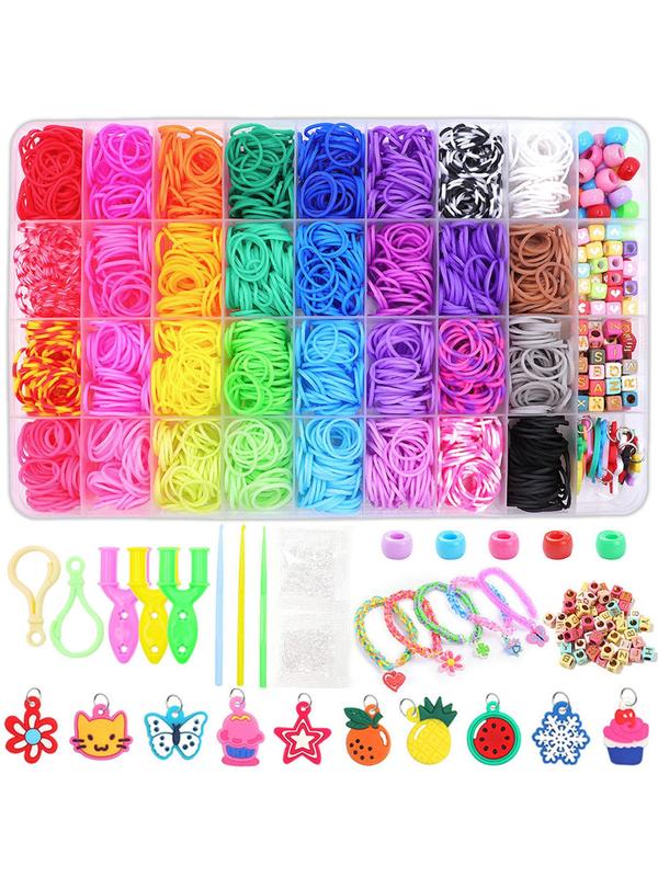 Random Style Rainbow Color Loom Bands Kit, Cute Cartoon Animal & Fruit & Snowflake Charm, Rubber Bands for Bracelet Making Kit, Creativity Birthday Gift Ideal