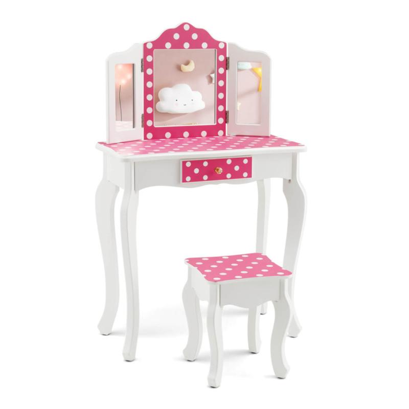 Costway- Vanity Table and Stool Set with Cute Polka Dot Print,Wooden Princess Makeup Dressing Table, Pretend Play Vanity Set for Girls