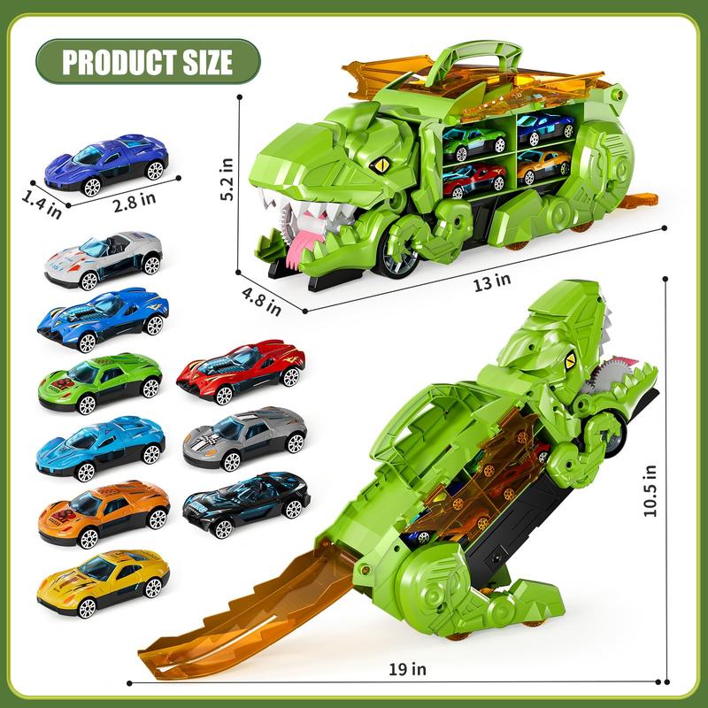 Christmas GiftTransformed Dinosaur Truck Toy with 10 Diecast Racing Cars, Dino Transport Car with Wings and Handle , Birthday Gift for