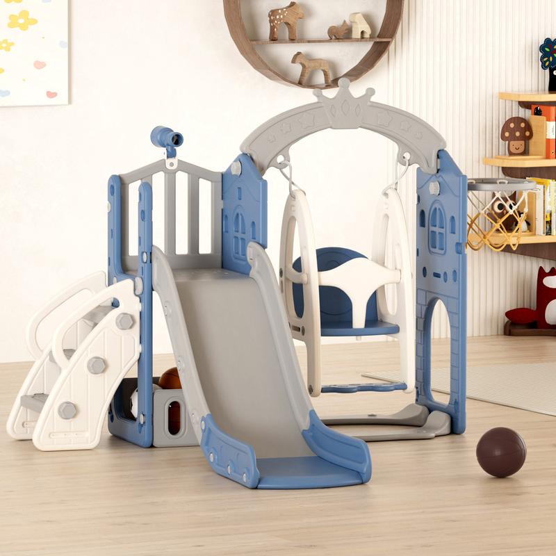 KORIMEFA 6 in 1 Kids' Indoor Outdoor Slide Playset with Swing, Basketball Hoop, Climbing Ladder - Multi-Activity Center for Active Play and Fun for Kids