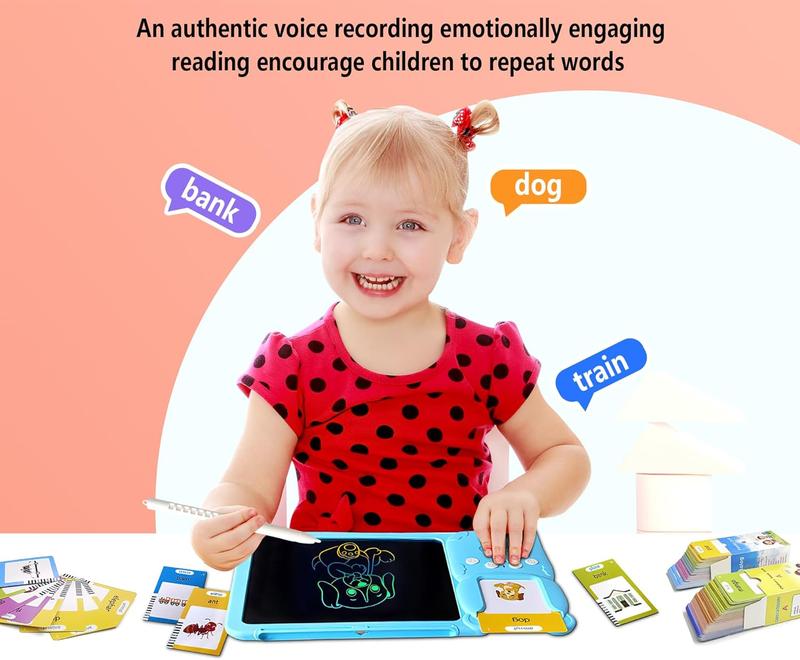 Spanish+English Bilingual Toddler Toy Drawing Tablet with Talking Flash Cards, Drop Resistant LCD Writing Tablet, Visual Speech Flash Card Toy