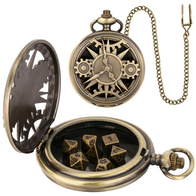 Hollow Out Time Gear Design Watch Case with Chain & Dice, 1 Set Vintage Dice Game Toy, Creative Dice Game Toy for Indoor & Outdoor