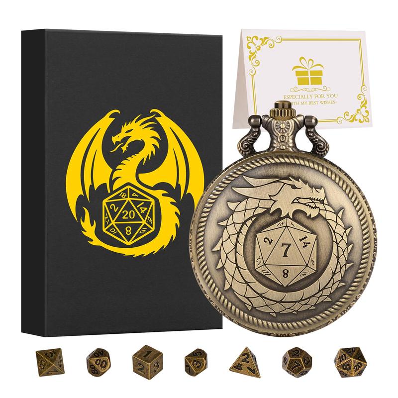 Steampunk Dragon Design Pocket Watch & Dice Set, 8 Pieces Polyhedral Dice Set with Gift Box, Role Playing Board Games Accessories for Men Player