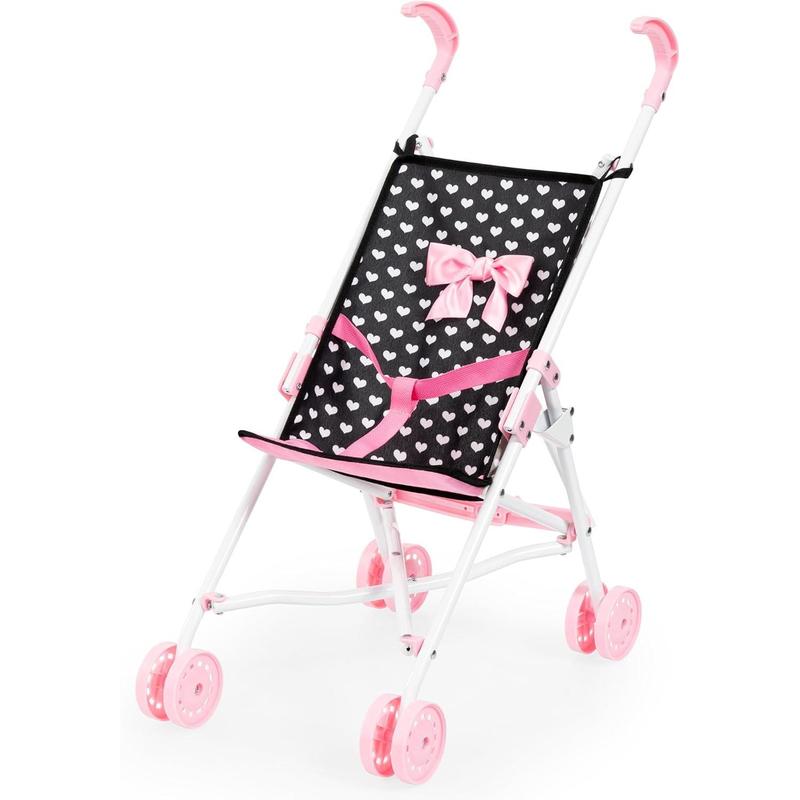 Bayer Design Dolls: Buggy Umbrella Stroller - Hearts Black & Pink - for Dolls Up to 18', Foldable, Seat Belt, Easy to Push, Kids Pretend Play, Ages 3+