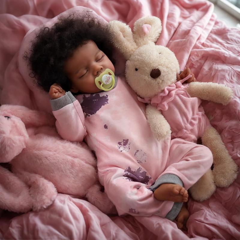 [IN STOCK] Lifelike Reborn Baby Dolls Black -17Inch Baby-Soft Body & Curls Realistic-Newborn Baby Dolls African American Real Life Baby Dolls Cloth Body with Feeding Kit & Gift Box for Kids Age 3+