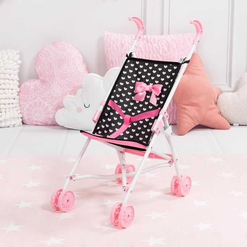 Bayer Design Dolls: Buggy Umbrella Stroller - Hearts Black & Pink - for Dolls Up to 18', Foldable, Seat Belt, Easy to Push, Kids Pretend Play, Ages 3+