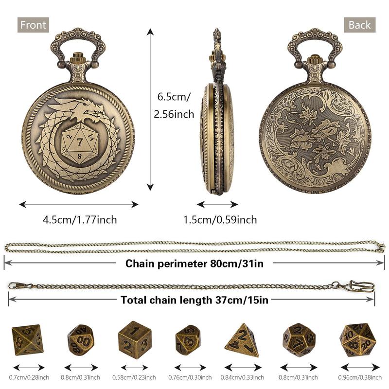 Steampunk Dragon Design Pocket Watch & Dice Set, 8 Pieces Polyhedral Dice Set with Gift Box, Role Playing Board Games Accessories for Men Player