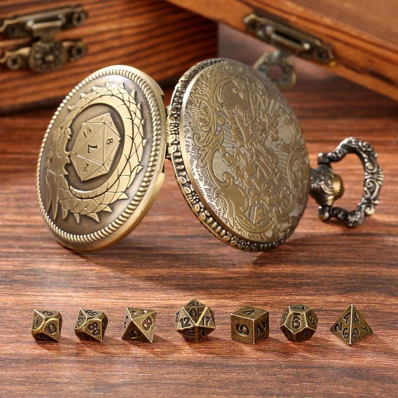 Steampunk Dragon Design Pocket Watch & Dice Set, 8 Pieces Polyhedral Dice Set with Gift Box, Role Playing Board Games Accessories for Men Player