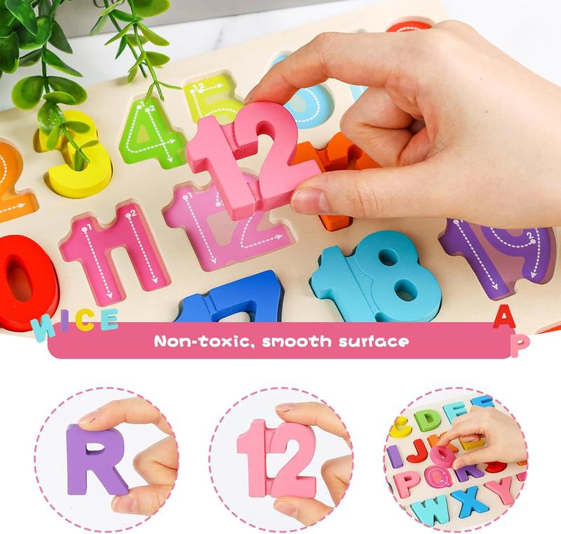 2 count Wooden Puzzles for Kids, Alphabet Number Shape Puzzles Preschool Educational Toys Montessori Toddler Puzzles for Boys Girls