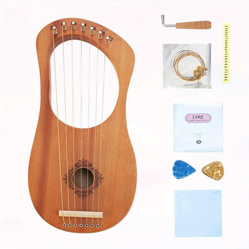 7 Notes Lyre Harp, 1 Count 7 Strings Lyre Harp with Tuning Wrench, String Set, Manual Musical Instrument for Beginner