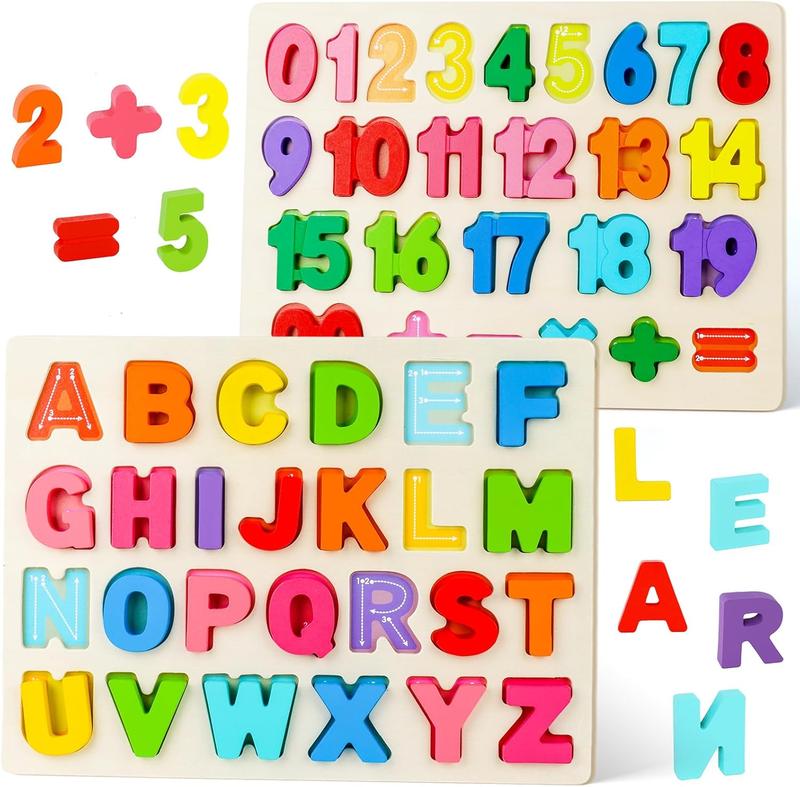 2 count Wooden Puzzles for Kids, Alphabet Number Shape Puzzles Preschool Educational Toys Montessori Toddler Puzzles for Boys Girls