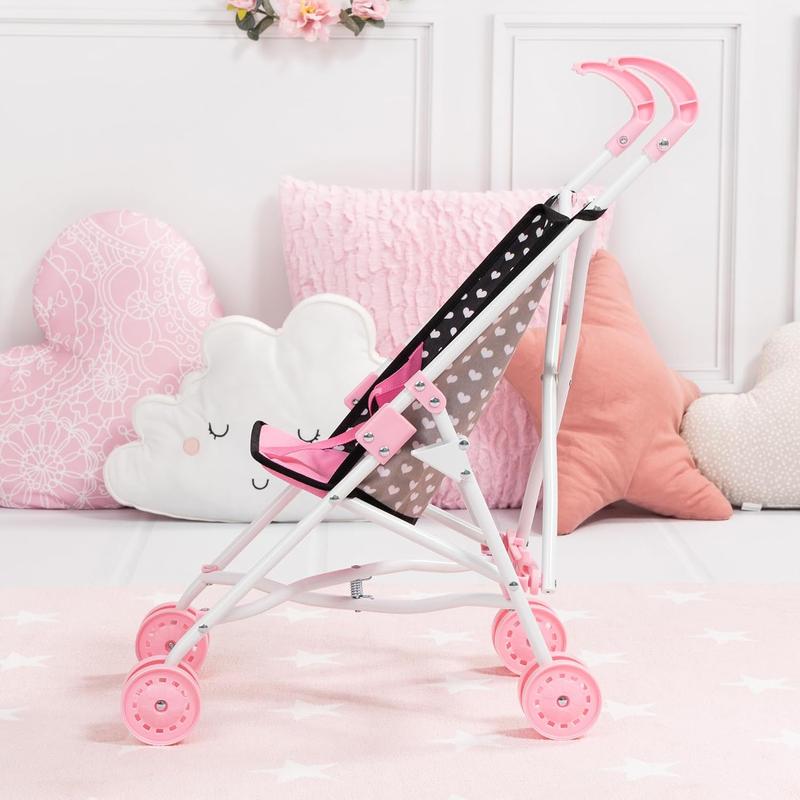 Bayer Design Dolls: Buggy Umbrella Stroller - Hearts Black & Pink - for Dolls Up to 18', Foldable, Seat Belt, Easy to Push, Kids Pretend Play, Ages 3+