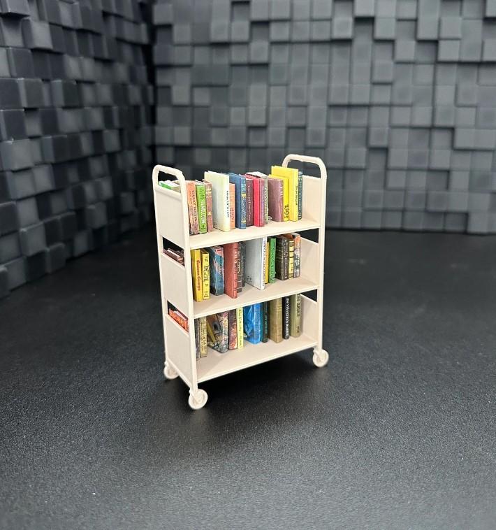 1 12 scale 3 Shelf Mini Library Cart   Mini Books   Bookcase   Miniatures