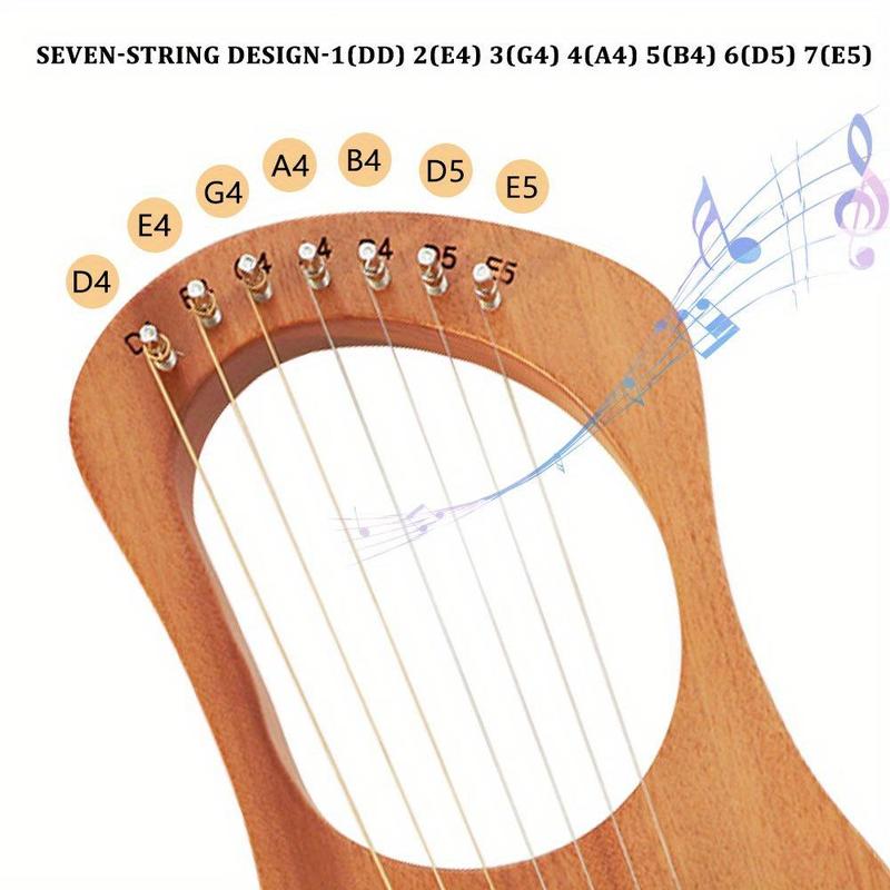 7 Notes Lyre Harp, 1 Count 7 Strings Lyre Harp with Tuning Wrench, String Set, Manual Musical Instrument for Beginner