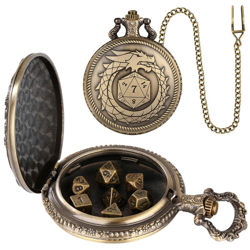 Steampunk Dragon Design Pocket Watch & Dice Set, 8 Pieces Polyhedral Dice Set with Gift Box, Role Playing Board Games Accessories for Men Player