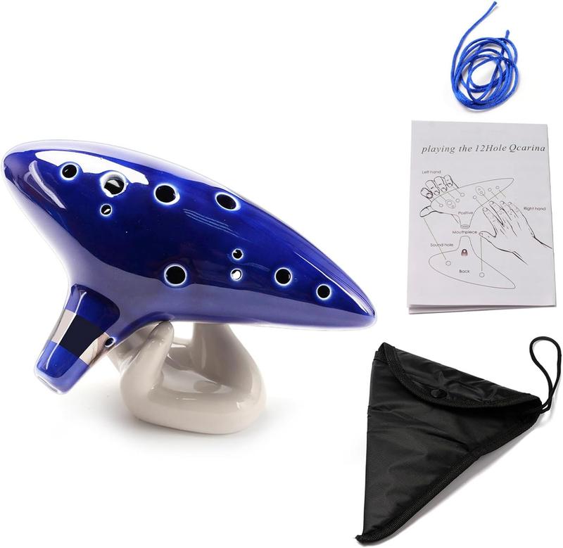 Ocarina Instrument 12 Hole Alto C Ocarinas Ceramic with Neck Strap Cord and Song Book, Gift Box, Hand-shape Display Stand, Black Protective Bag