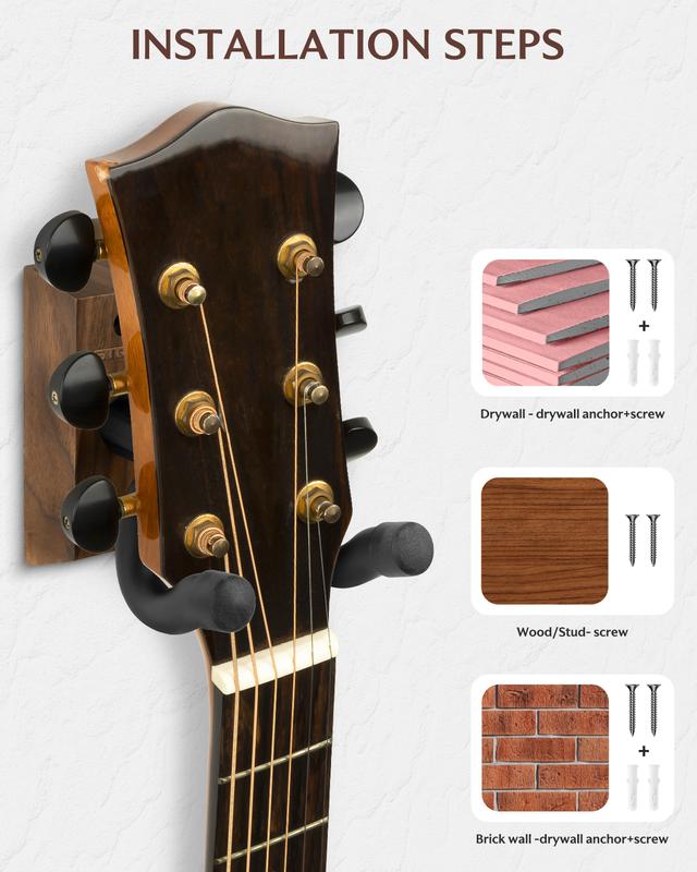 STRICH Guitar Wall Mount, Walnut Base, U-Shaped Hanger with Screws for Acoustic, Electric Guitar, Banjo, and Bass (1-Pack)