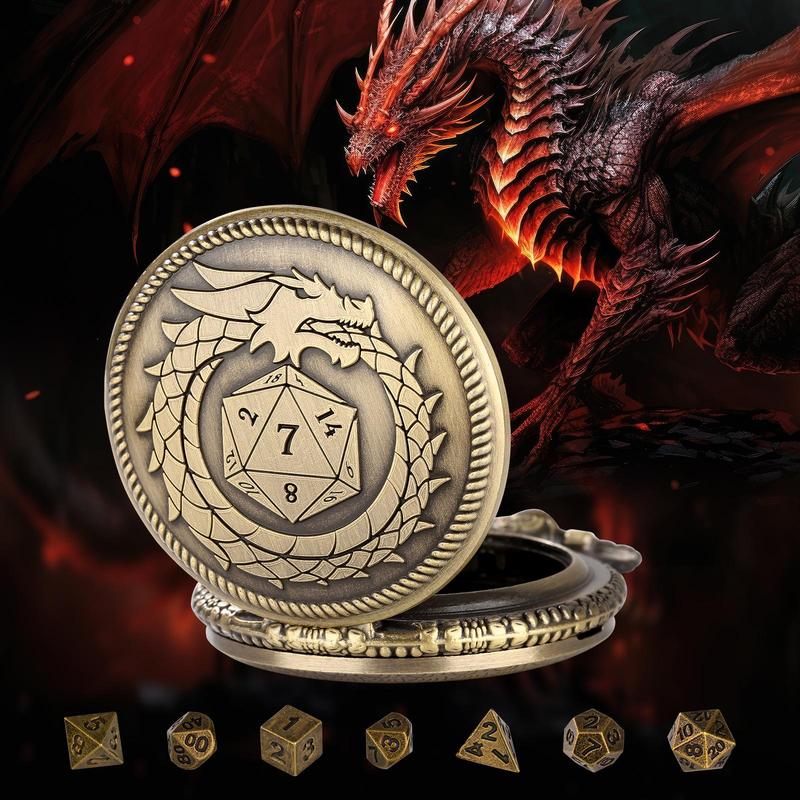 Steampunk Dragon Design Pocket Watch & Dice Set, 8 Pieces Polyhedral Dice Set with Gift Box, Role Playing Board Games Accessories for Men Player