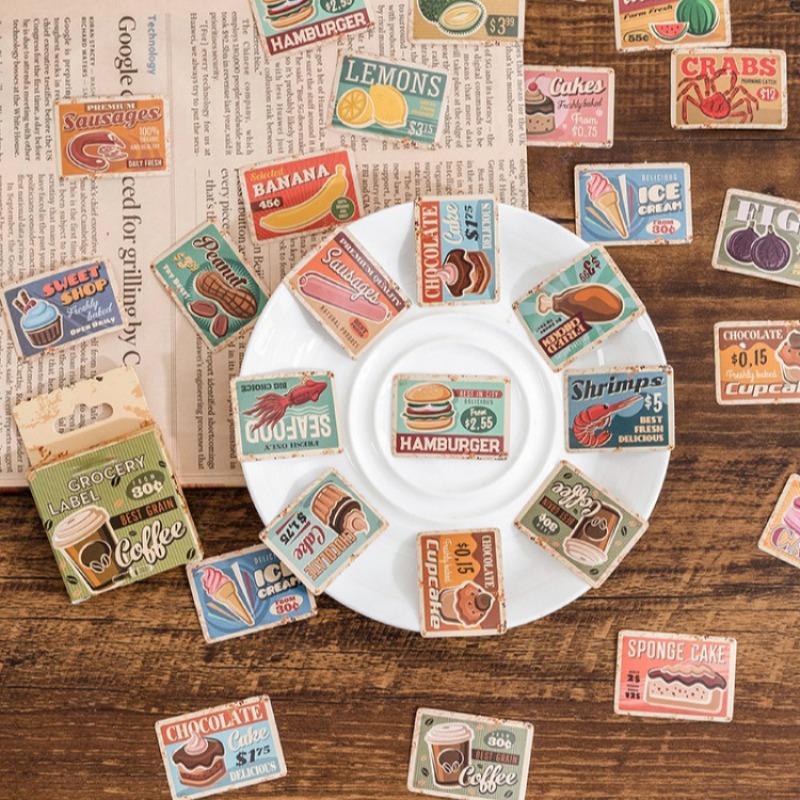 Vintage Food Pattern Sticker, 45pcs box Retro Department Store Label Series Daily Food Handmade Decoration Material Paste, DIY Decorative Sticker