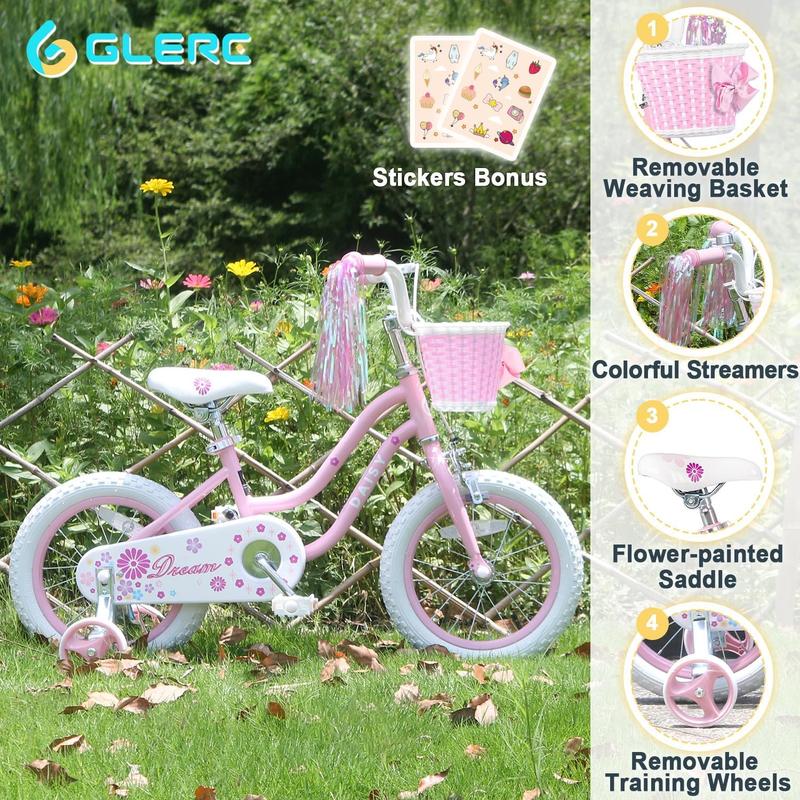 Glerc Daisy 12 14 16 Inch Girl Princess Style Bike for 3-7 Years Old with Training Wheels & Basket & Streamers, Multiple Colors