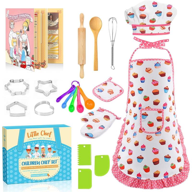 Birthday Gifts for 3-8 Year Old Girls Cute Stuff Apron for Girls Kids Cooking Sets Toys Kids Chef Hat and Apron Easter Christmas Stocking Stuffers White-with Cookbook