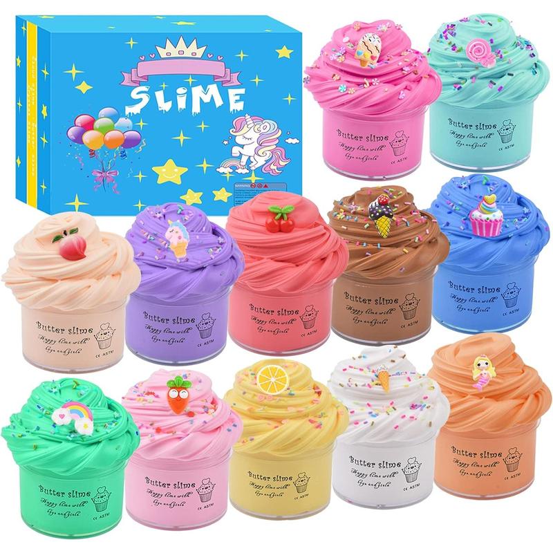 12 Pack Butter Slime Kit, Non-Sticky & Super Stretchy, with Watermelon, Lemon and Cherry Charms Great Stress Relief & Fun Party Toys, Ideal Gift for Girls & Boys