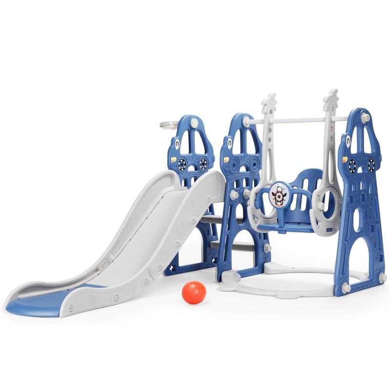 Rengue 4 in 1 Toddler Swing and Slide Set for Age 1-6 Indoor Playground for Children Baby Swing Set with Slide, Climber, Basketball Hoop and Long Slide for Boys and Girls Blue Toddler Indoor