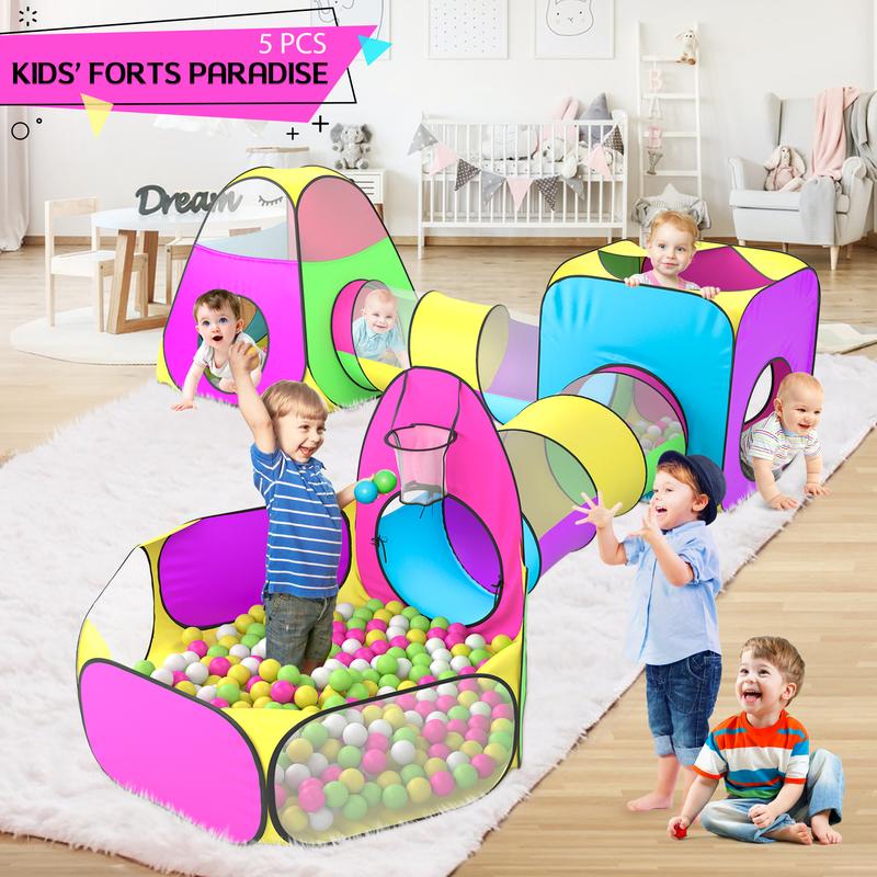 5pc Kids Play Tent for Girls and Boys 4-12 Years with  Ball Pits, Crawl Tunnels,Pop Up Kids Playhouse Indoor Outdoor Gift Toys