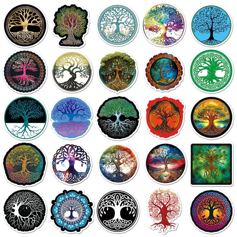 50pcs Tree Of Life Pattern Sticker, Waterproof Scrapbooking & Journal Making Material Sticker, DIY Decorative Sticker For Stationery Computer Water Bottle Phone, Christmas Gift