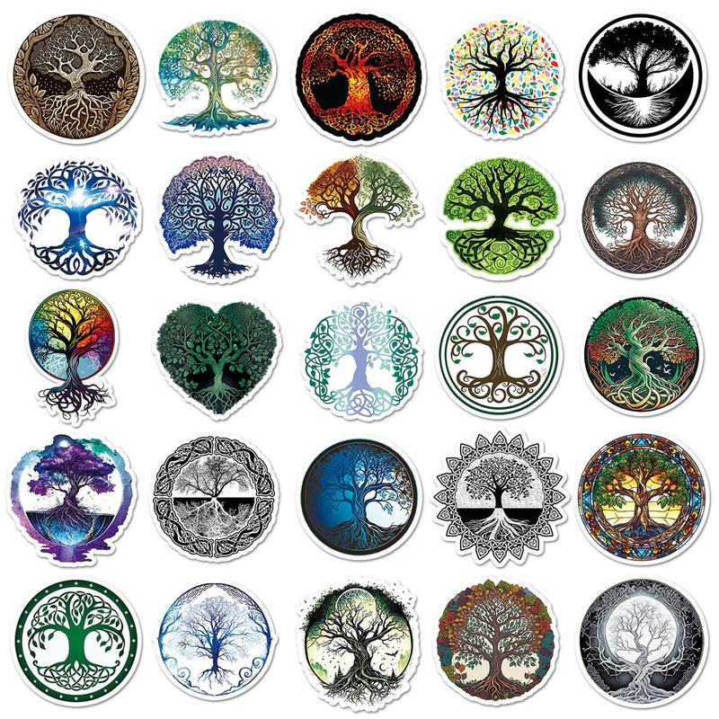 50pcs Tree Of Life Pattern Sticker, Waterproof Scrapbooking & Journal Making Material Sticker, DIY Decorative Sticker For Stationery Computer Water Bottle Phone, Christmas Gift