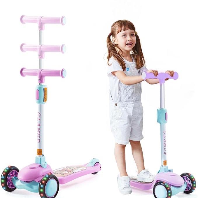 GLAMUP Kick Scooter for Kids Ages 2-6 with Adjustable Height Handlebar, LED Light, 3 Wheel Design - Perfect for Outdoor Play