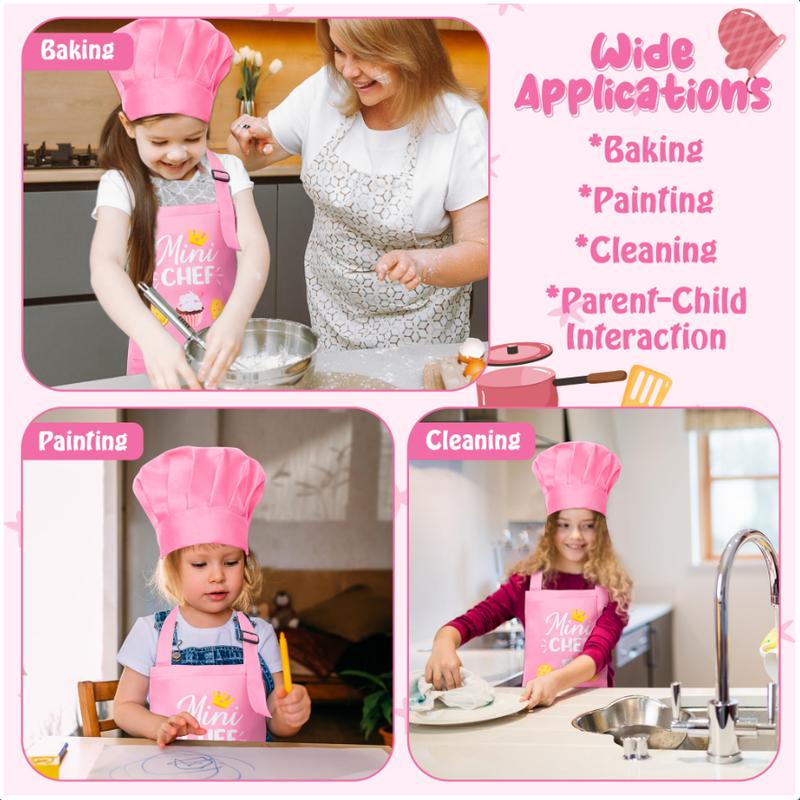 Kid Apron and Chef Hat Set 2Pcs Adjustable Children Light Pink Kitchen Apron, Dress up Role Play Chef Toy Cooking Baking Painting and Training Kits Kid Funny Cooking Birthday Gift for Kids