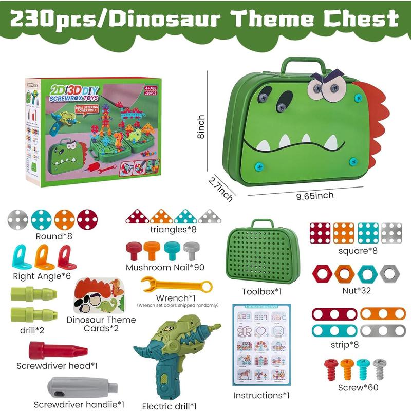 230Pcs Dinosaur Toy Magic Montessori Play Toolbox - 2D 3D Creativity STEM Toys Gift with Dinosaur Drill, Montessori Play Tools for Boys and Girls Ages 4-12