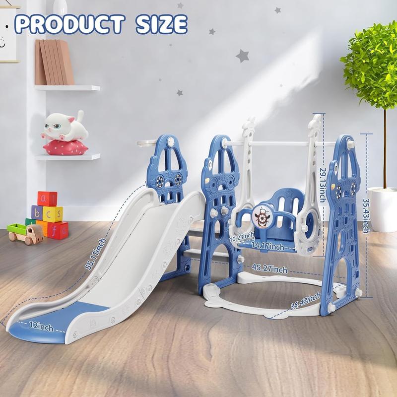 Rengue 4 in 1 Toddler Swing and Slide Set for Age 1-6 Indoor Playground for Children Baby Swing Set with Slide, Climber, Basketball Hoop and Long Slide for Boys and Girls Blue Toddler Indoor