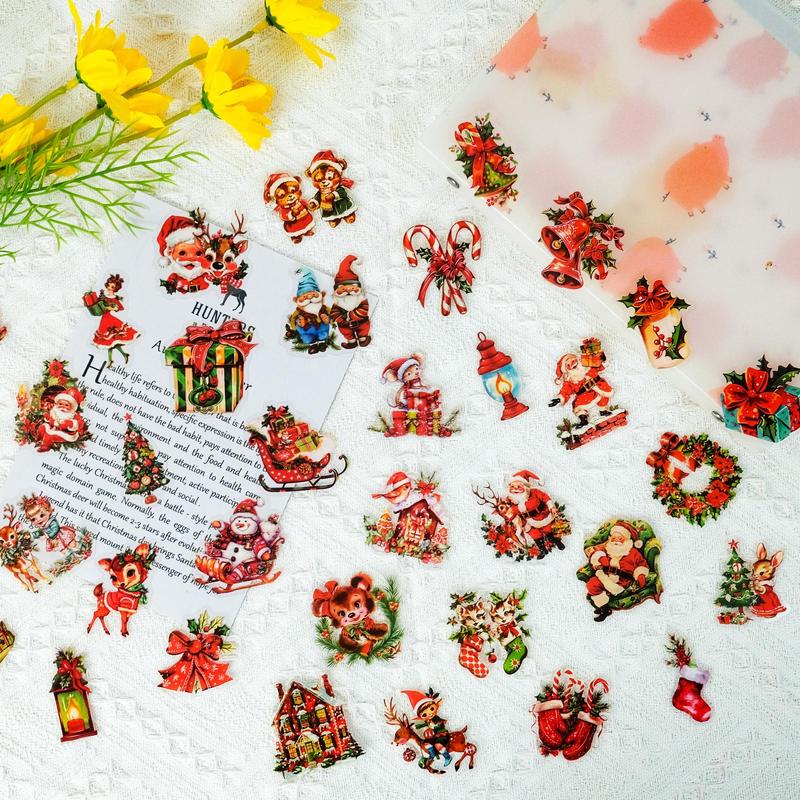 Christmas Themed Sticker, 50pcs set Cute Cartoon Pattern Decals, Decorative Sticker for DIY Scrapbooking Journaling Gift Wrapping