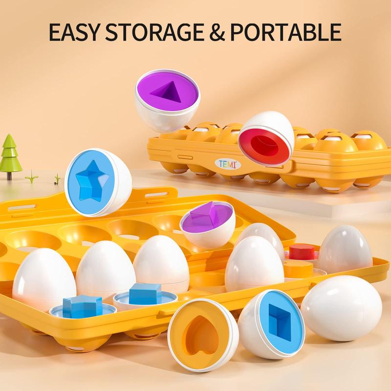 Sensory Montessori Toys Gifts -12 Toy Eggs with Eggs Holder, Color Matching Eggs Shape Sorter for Kid