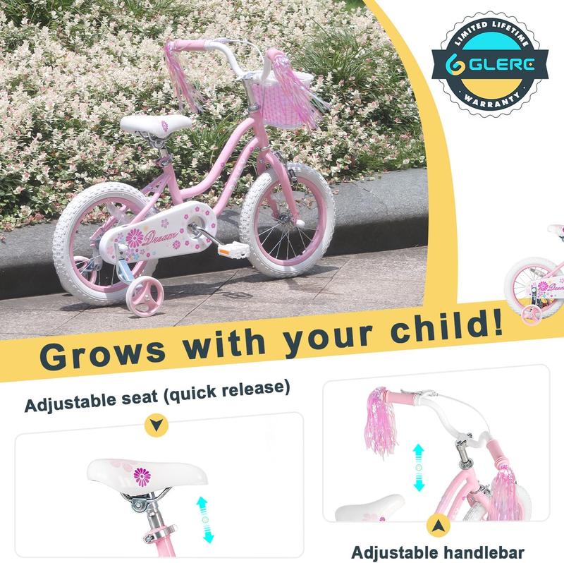 Glerc Daisy 12 14 16 Inch Girl Princess Style Bike for 3-7 Years Old with Training Wheels & Basket & Streamers, Multiple Colors