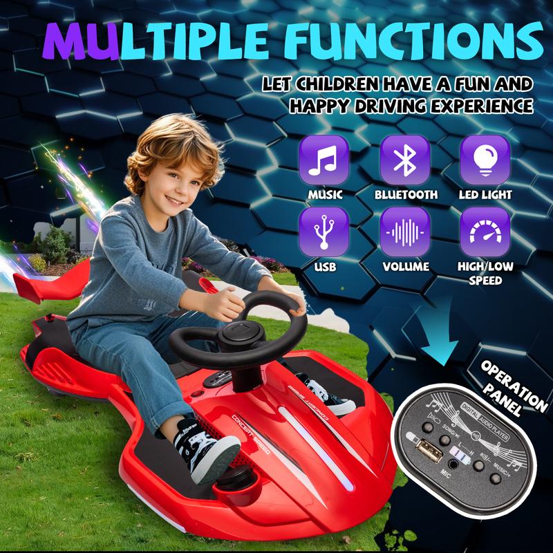 Pink Yellow Red White Green Purple 12V Kids Ride On Electric Toy Wiggle Car,360 Degree Drift in place,Spray function,Front&Side Lights design,Bluetooth,Music,Birthday Christmas Gift for Kids Aged 3+