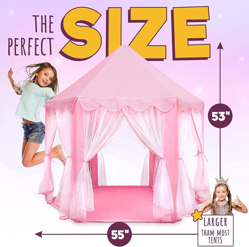 LED Star Lights Princess Castle Playhouse Tent for Girls - Indoor & Outdoor Large Kids Play Tent for Imaginative Games - Pink