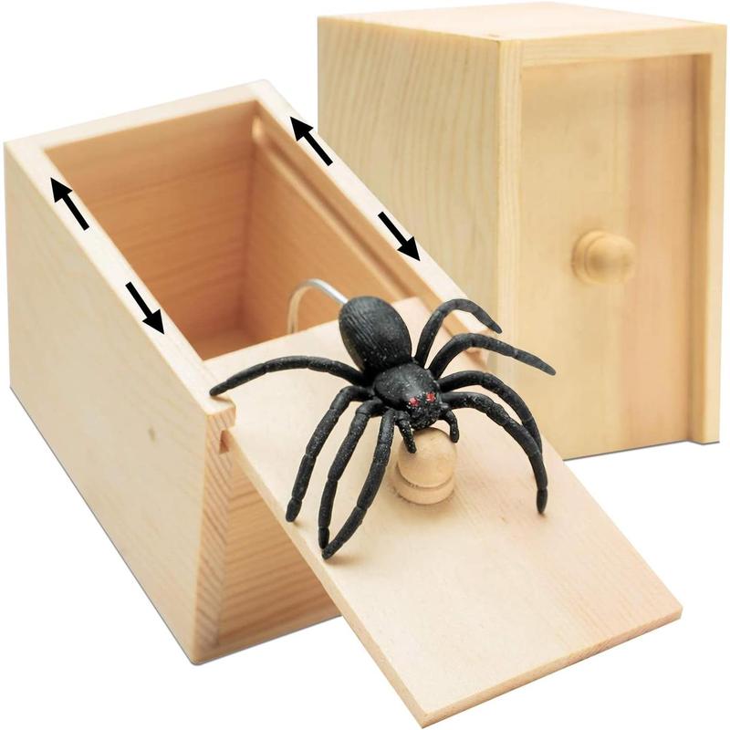 Original Spider Prank Box,Handdmade Wooden Pop Out Rubber Spider Scare Box Joke Toys Prank Adults Prank Gift Halloween